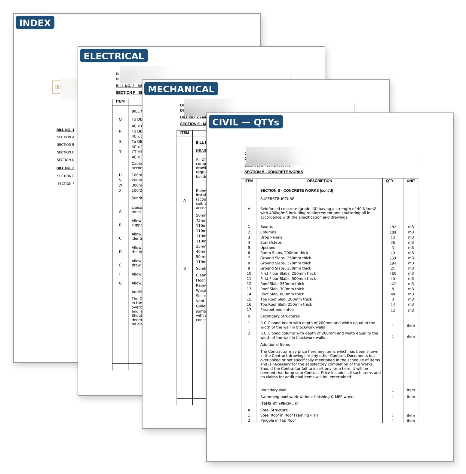 Pages of a real villa Bill of Quantities, anonymised: the concrete page in front showing measured quantities in cubic metres against each item, with the index and MEP pages behind.