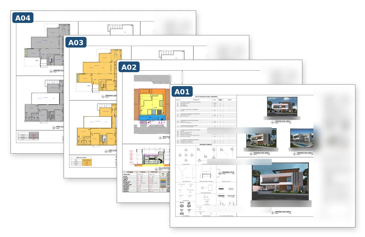 Four architectural sheets fanned one behind the other, badged A01 to A04: a drawing list with 3D perspectives in front, then DCR compliance, a gross-floor-area plan and a built-up-area plan.