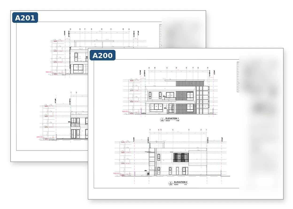 Two architectural elevation sheets bundled: elevations 1 and 2 in front, elevations 3 and 4 with handrail elevations behind.